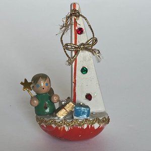 Kurt Adler 1979 Wooden Angel on Sailboat Christmas Ornament Cyrstal Rhinestones